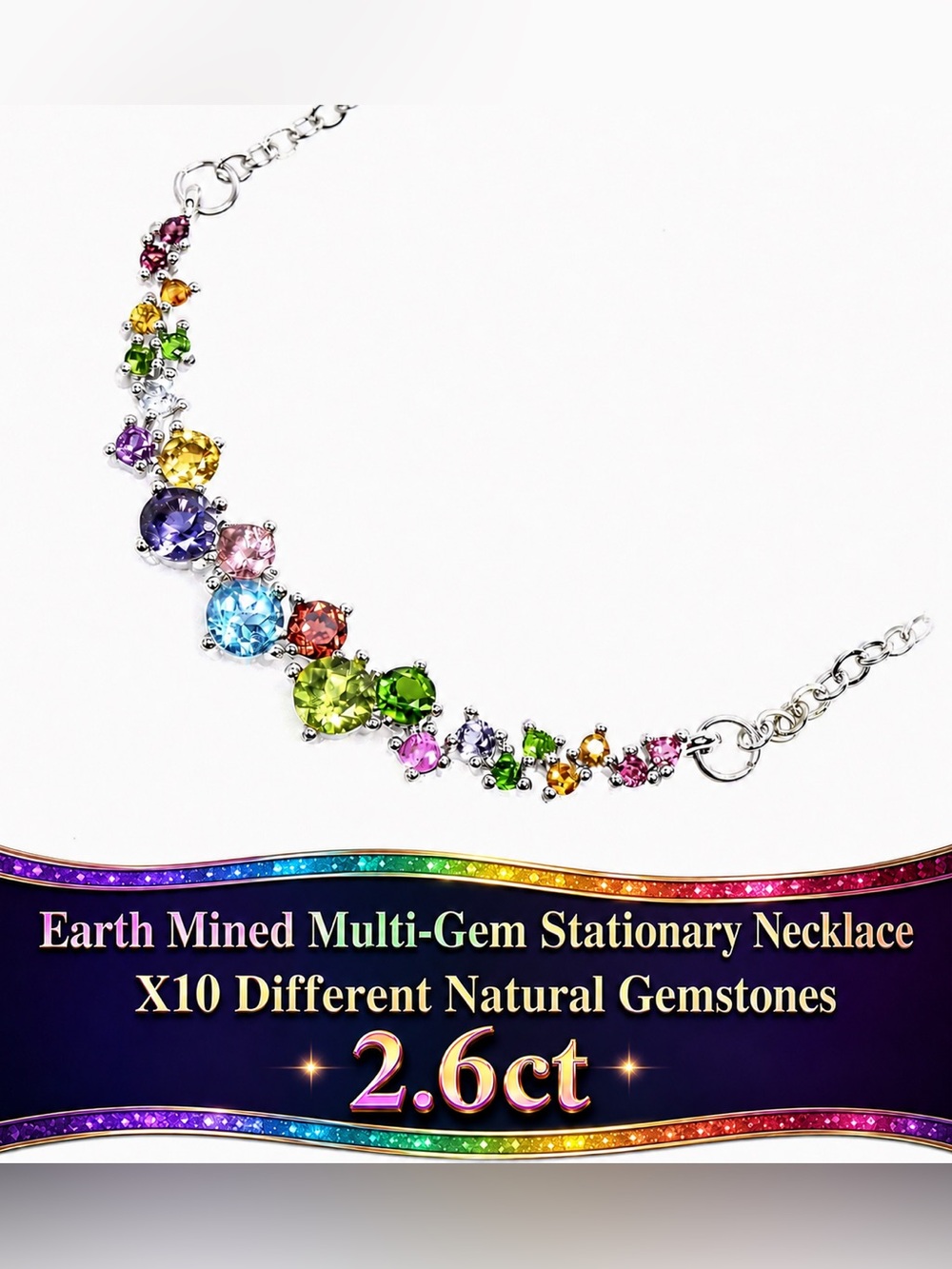 Multi-Gem stationary necklace  Sterling Silver .925. Natural 2.6ct